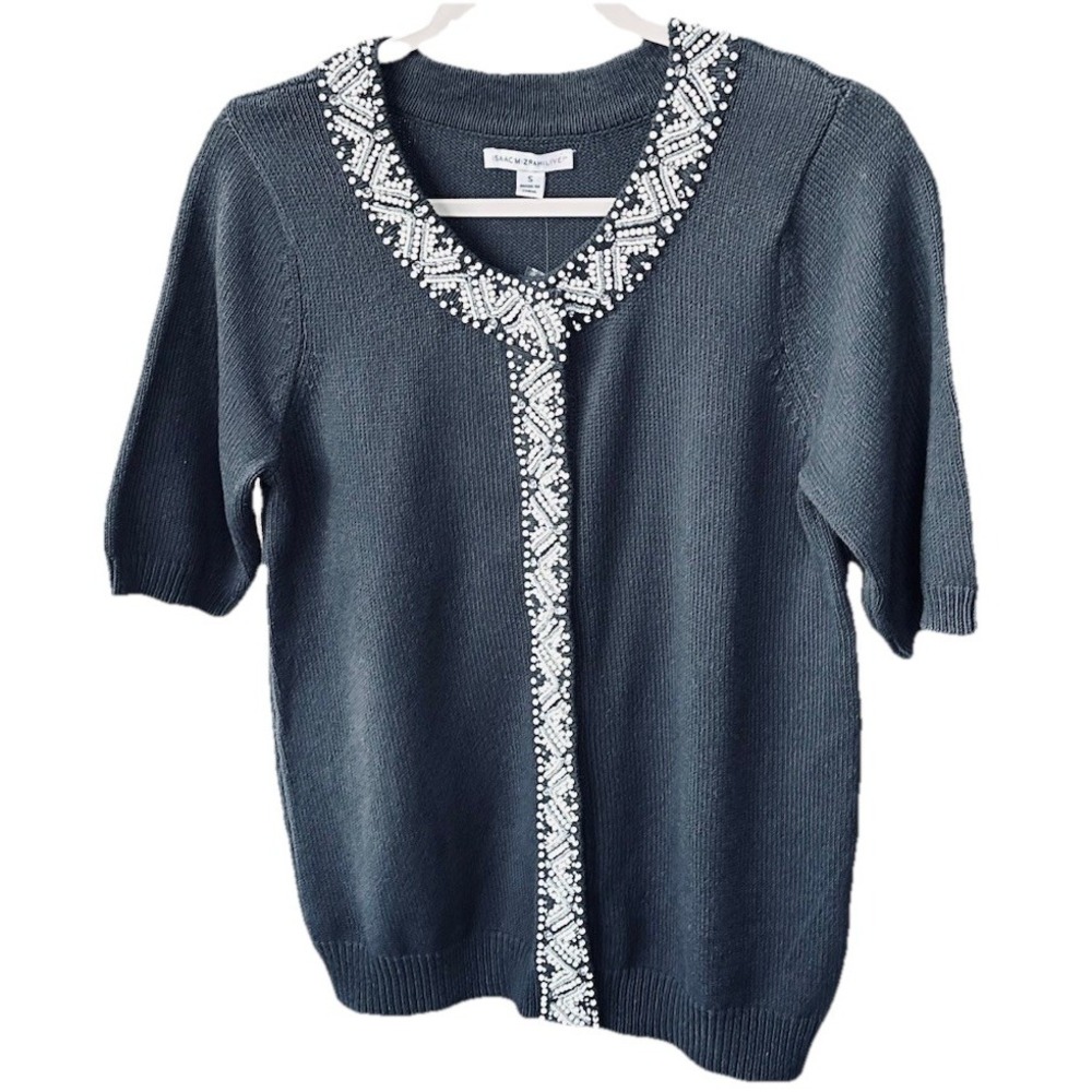 Isaac Mizrahi Short Sleeve Cardigan Sweater Blue Gray Snap Front Beaded Aztec
